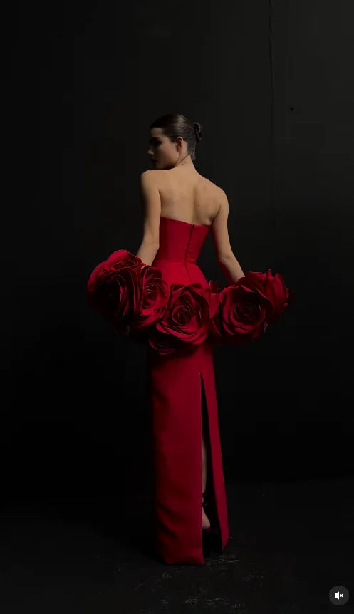 Fashion Black Red Women Sexy Strapless Big Florals Bodycon Long Bandage Dress Celebrate Evening Party Cocktail Outfit
