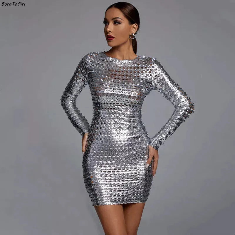 BornToGirl Bright Color Sexy Hollow Dress Women Spring Autumn Winter Party Club Long Sleeve Mini Bodycon Dress Performance Wear