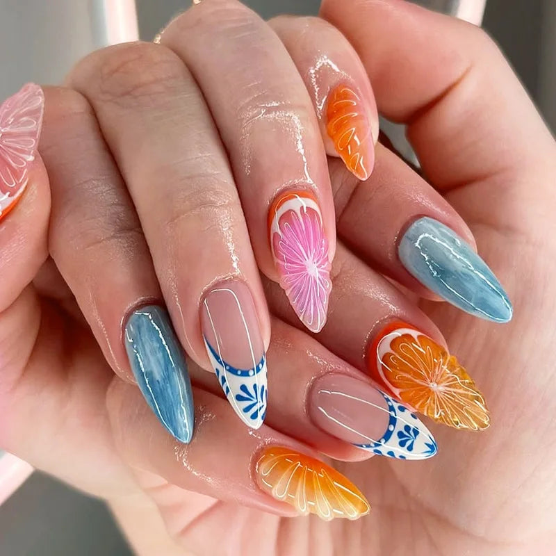 24Pcs Short Round Almond Lovely False Nails Full Cover Fresh Cartoon Fruit Pattern Designs Wearing Nails Art French Summer Nails