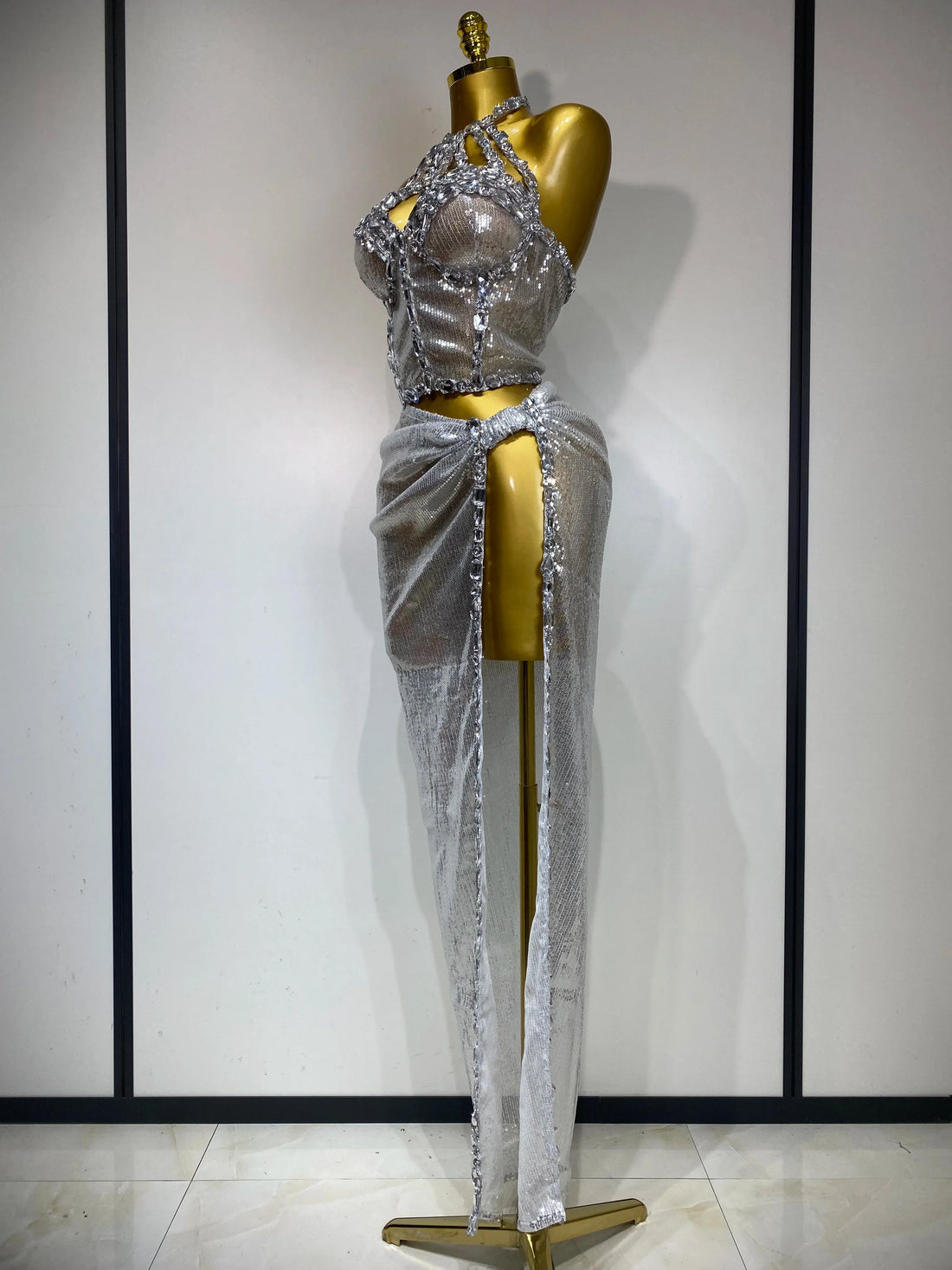 Women Sparkly  Silver Rhinestones Top Long Skirt Two Pieces Set Singer Dancer Performance Costume Nightclub Stage Wear