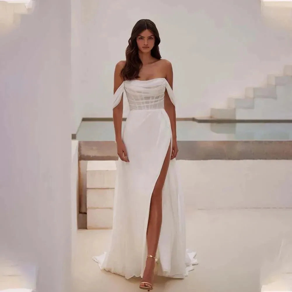 Graceful Chiffon Semi-transparent Boned Off-the-shoulder Boho Beach A Line Wedding Dresses straight Side Slit Rode De Morri 26W Boho