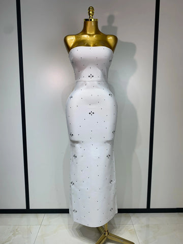 Luxury Rhinestone Sexy Strapless Backless Long Bodycon Bandage Dress   White Elegant Evening Party Birthday Club Dress