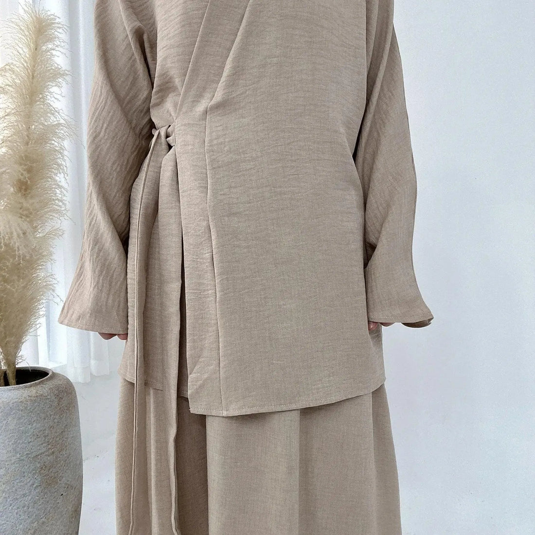 Fashion Modest Muslim Matching Set 2 Piece Dress Women Kimono Lace Up Tops Skirt Suit Dubai Turkey Kaftan Abaya Ramadan Outfits 05 Army Green