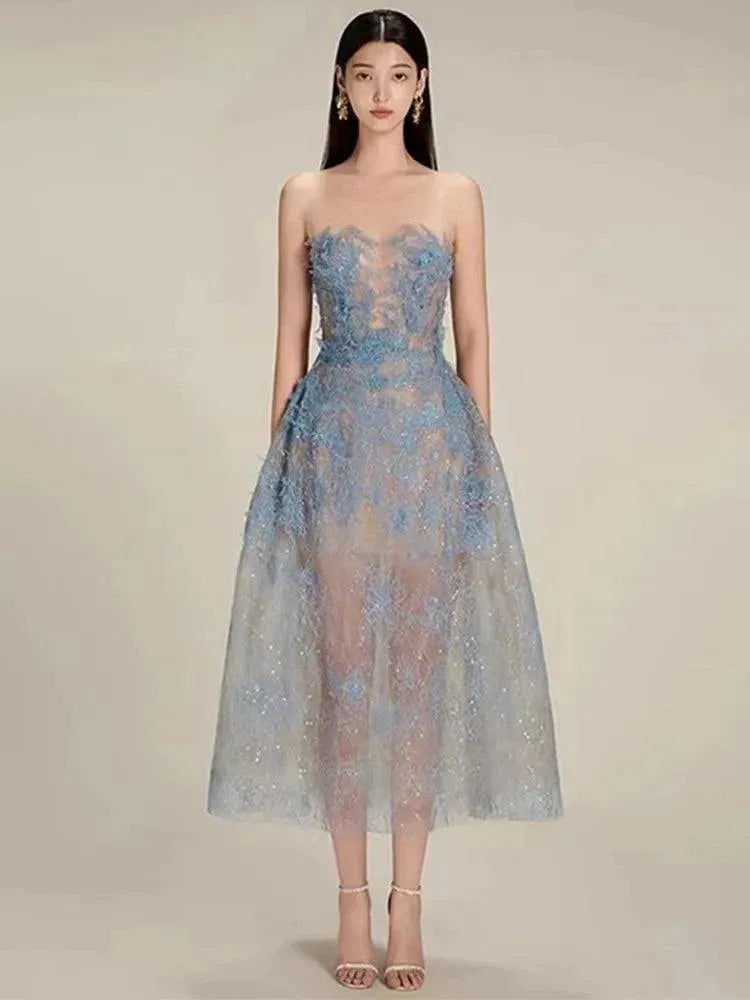 Lace Luxury Sequin Perspective Strapless Dress Summer Women Vintage Slash Neck Evening Party Long Dress Mesh Vestidos G211 Blue