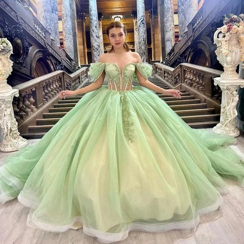 Quince Dress | Glittering Green Sweetheart Quinceanera Dress Off Shoulder Beading Floral Appliqué Vestidos De 15 Anos Ball Gown green champagne