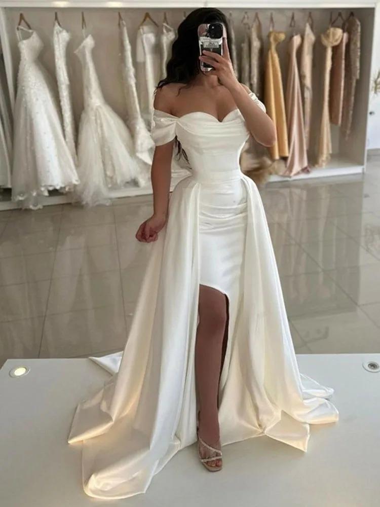 Satin Meerjungfrau Brautkleider von der Schulterbraut Kleiderseite Split Vestido de Novia mit Zug Hochzeitskleidern