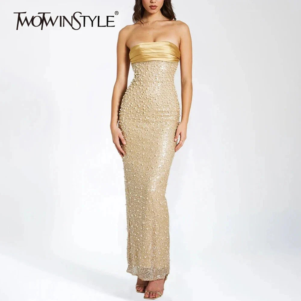 Solid Slimming Spliced Sequin Elegant Dresses for Women Strapless Sleeveless Patchwork Bead Dress Female Clothing