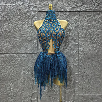 Women Sexy Shinning Crystal Sequisn Tassels 2 Pieces Bodycon Mini Dress Nightclub Party Bar Dancer Performance Costume