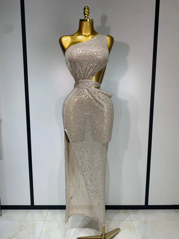 Women Sexy One Shoulder Long Dress High Street Designer Elegant Split Elegant Evening Party Luxury Birthday Dress Vestido