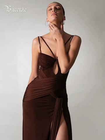 VC Chocolate Brown Strappy Sleeveless Draped Dress with High Slit & Cutout Detail for Formal Dinner Party Gown