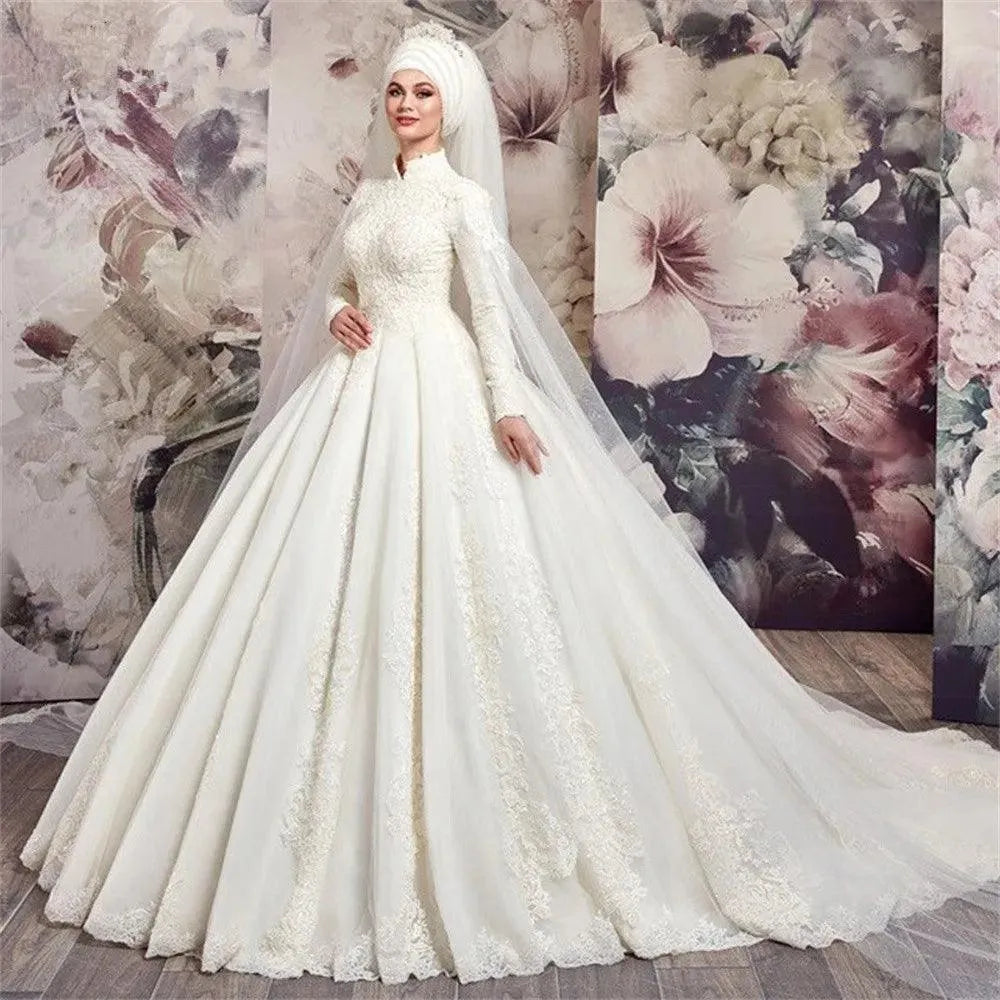 Luxury Muslim Wedding Dresses High Neck Long Sleeve Tulle Lace Applique Beading New Bridal Gown Customize Robe De Mariage White