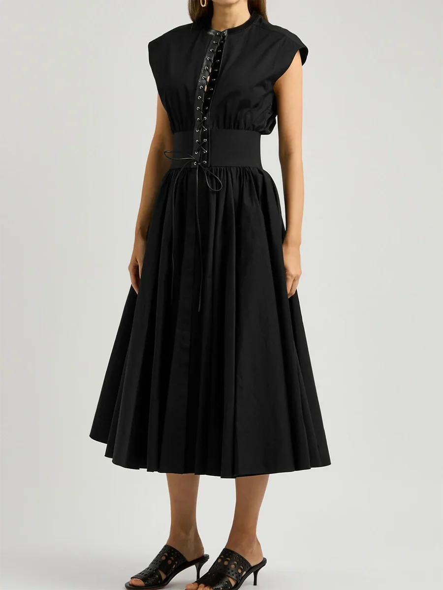 Solid Slimming Spliced Lace Up Elegant Dresses for Women Round Neck Sleeveless Patchwork Folds Dress Female Fashion