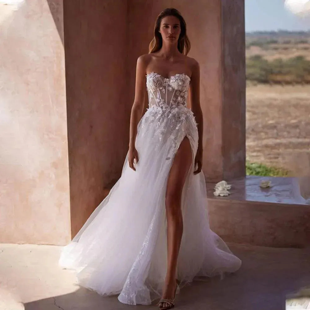 Modern Sweetheart Lace Applique Boho Beach A Line Wedding Dresses Custom Made Vestido De Noival White