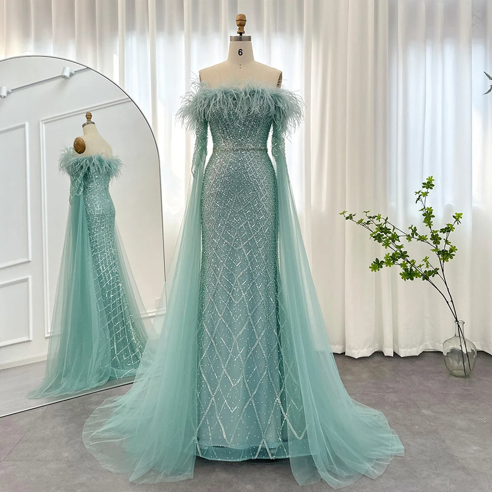 Luxury Feather Turquoise Dubai Evening Dress with Cape Sleeves Lilac Arabic Women Wedding Party Prom Gown