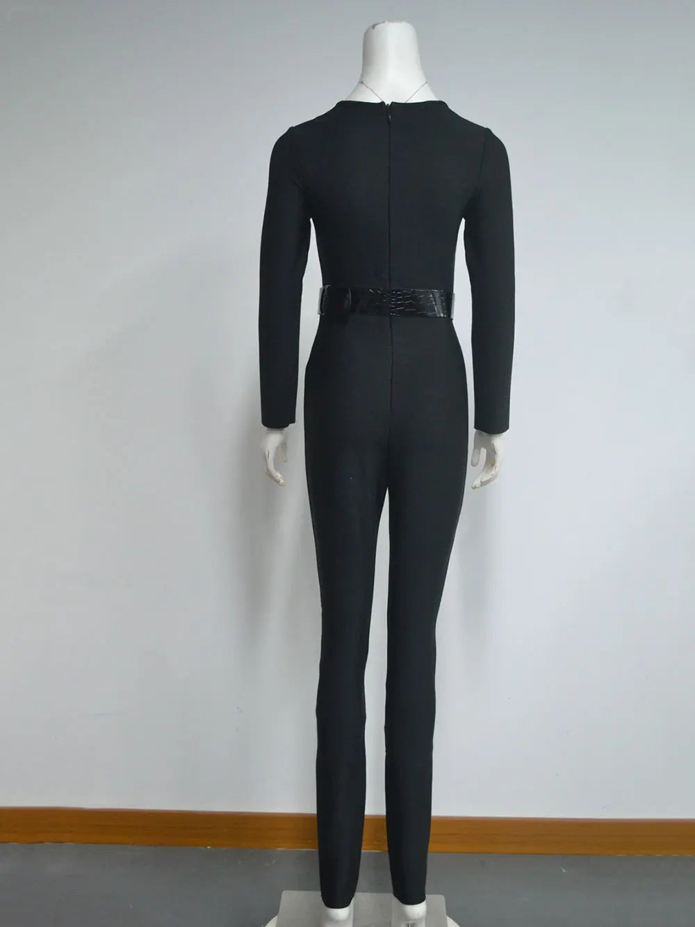 2025 New Women'S Bandage Pencil Jumpsuit V-Neck Long Sleeved Tight Black Waistband Design+Jumpsuit Evening Party Jumpsuit