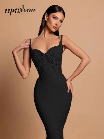 2025 Sexy Women Three-Dimensional Rhinestone Design Bandage Dress Spaghetti Strap Sleeveless Bodycon Backless Midi Dress Vestido