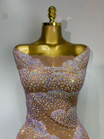 Women Sexy Mesh See Through Mini Dress Celebrate Birthday Evening Party Dress Luxury Rhinestones Stage Performance  Costume