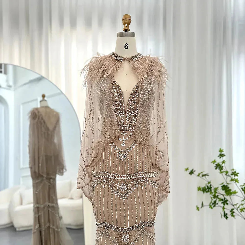 Champagne Mermaid Evening Dress with Feathers Shawl Cape Luxury Dubai Prom Dresses Long Graduation Formal Gown Champagne Evening Dress