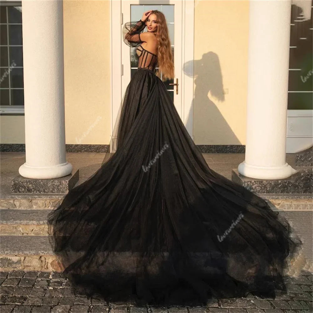 Vestido de noche gótico negro con hombros descubiertos, escote en forma de corazón, vestidos de fiesta de tul de manga larga, hermosos vestidos de fiesta formales