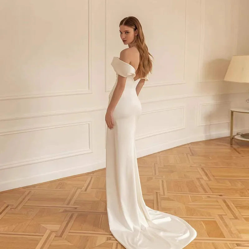 Elegante abito da sposa in raso sirena abito da sposa per le spalle per donne fatte Hochzeitskleid su misura