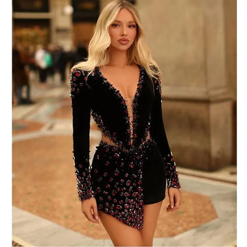 STOCK Red Diamonds Beading Sexy Hollow Out Black Mini Bandage Dress Luxury Woman Evening Party Dress Birthday Party Outfit