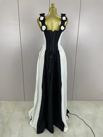 Sexy Black White Flower Stripe High fork Sleeveless Bandage Long Dress 2025 New Women Vacation Party Elegangt Party Club Dresses