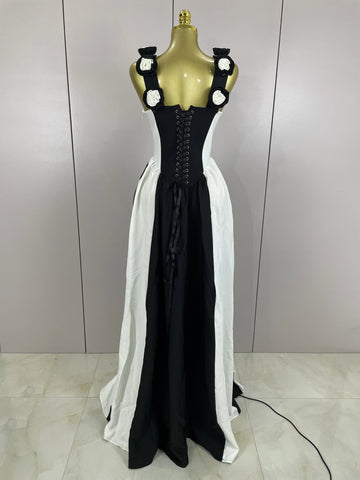 Sexy Black White Flower Stripe High fork Sleeveless Bandage Long Dress  New Women Vacation Party Elegangt Party Club Dresses