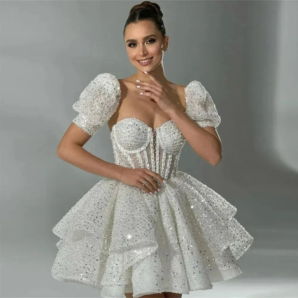 Short Sequined Beadings Wedding Dresses Puff Sleeves Princess Sweetheart Party Dresses Dress Women Elegant Luxury White Short Wedding Dress