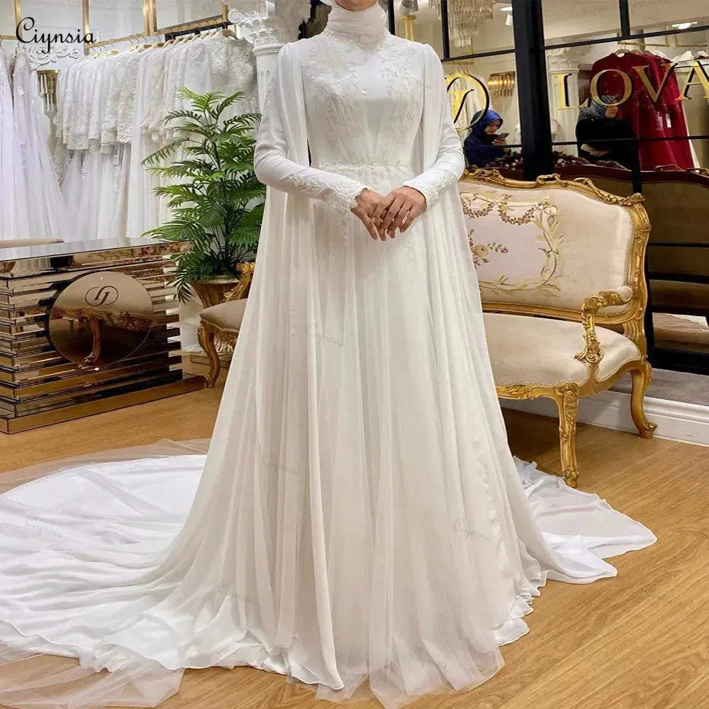 Elegant Women's Wedding Dresses for Bride High Neck Chiffon Abaya Robe Long Sleeves Hijab Islamic Bridal Gown with Cape Ivory