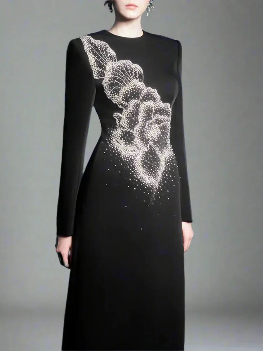 Solid Spliced Stick Drill Elegant Dresses for Women Round Neck Long Sleeves Temperamnet Dress Female Fashion New