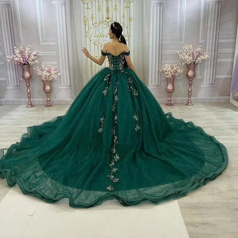 Quince Dress | Luxury Green Quinceanera Dresses Glittering Vestidos De 15 Años Floral Beading Lace Formal Party Prom Ball Gown Green