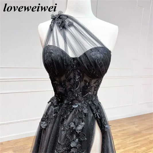 Vestido de noche de un solo hombro con apliques de encaje, elegante vestido de fiesta con abertura lateral, vestido de noche para boda, vestidos de velada