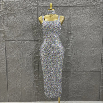 Colorful Sequins Women Sexy Strapless Bodycon Long Dress Necklace Celebrate Evening Party Nightclub Party Bar Singer Outfit
