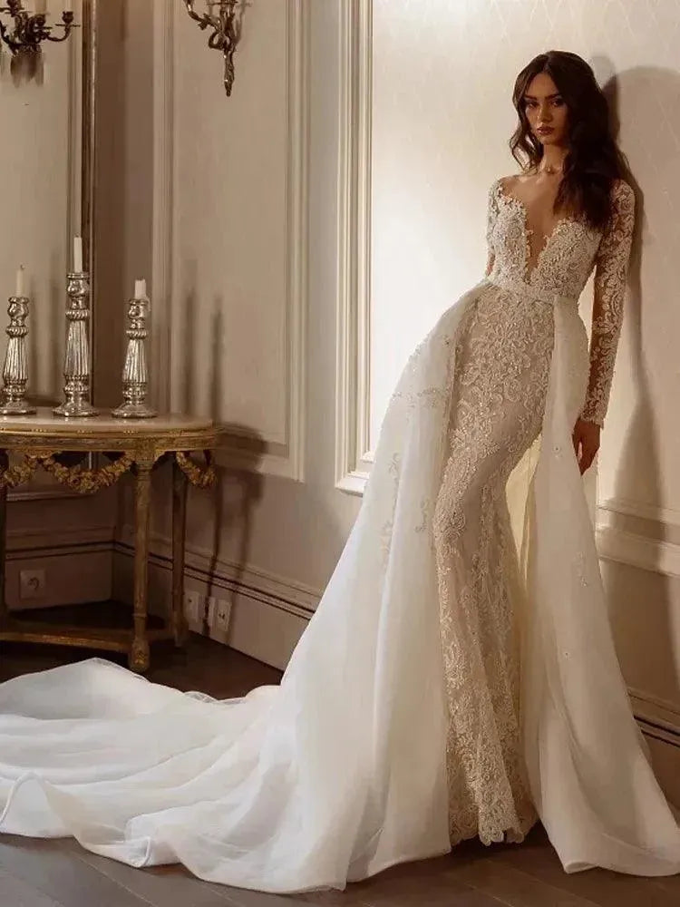 Vintage Wedding Dresses With Detachable Train Classic Bridal Gowns Lace Appliques V-Neck Backless Robes Vestidos De Novia Beige