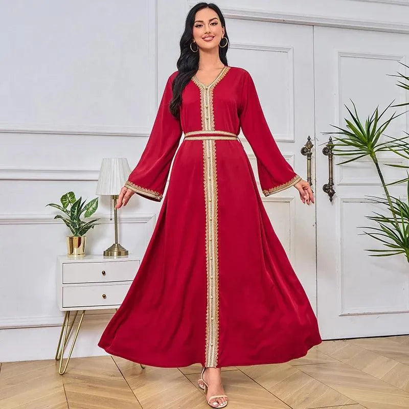 Long Dress For Prom V-neck Women Abaya Muslim Robe Gold Beaded Lace Simple Fashion Dress with Belt Casual Dubai Arab Kaftan