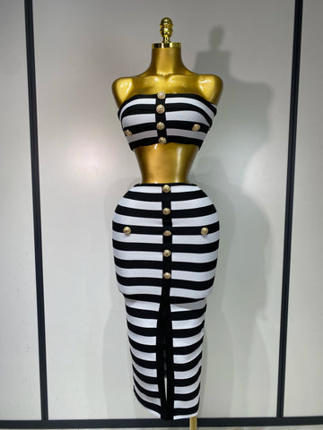 Women Sexy Off Shoulder Striped Button Two Piece Mini Bandage Set 2025 Celebrity Designer Evening Party Luxury Birthday Outfit