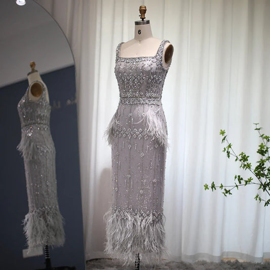 Vestido de noche árabe de sirena gris brillante con capa de plumas de lujo de Dubái, vestidos formales para mujer, fiesta de bodas 