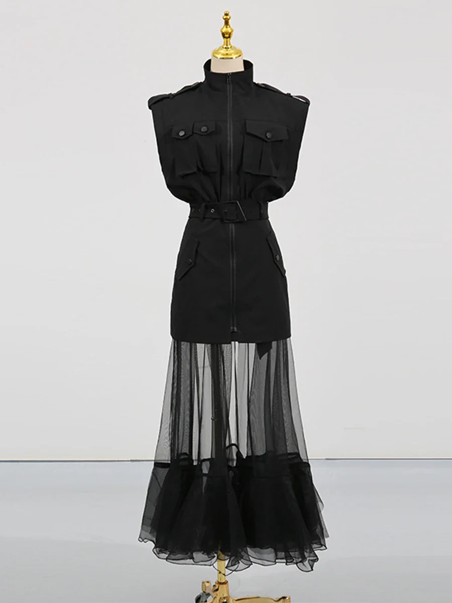 Solid Sheer Spliced Mesh Folds Dress for Women Round Neck Sleeveless Patchwork Zipper elegant Dress Female Fashion BLACK