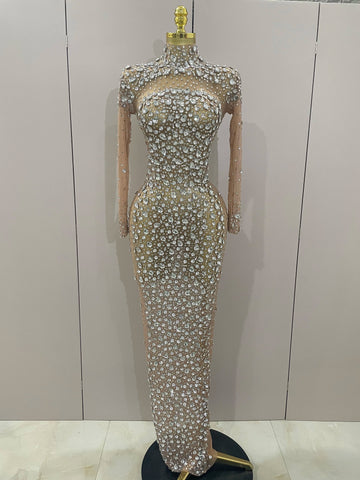 Sparkly Silver Big Rhinestone Sexy Transparent Long Dress  Women Evening Birthday Party Celebrate Club Dancer Stage Costume