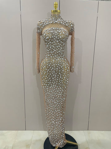 Sparkly Silver Big Rhinestone Sexy Transparent Long Dress 2025 Women Evening Birthday Party Celebrate Club Dancer Stage Costume