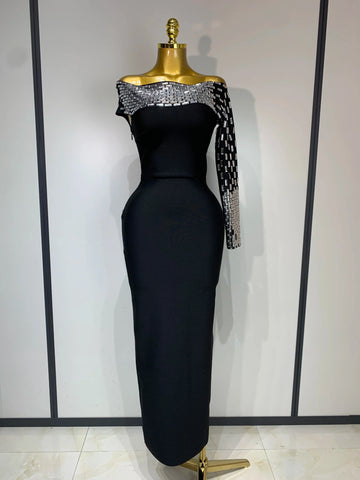 Women Celebrity Sexy Off-shoulder Diamonds Black Maxi Long Bandage Dress Evening Party Celebirty Elegant Stage Performance Dress