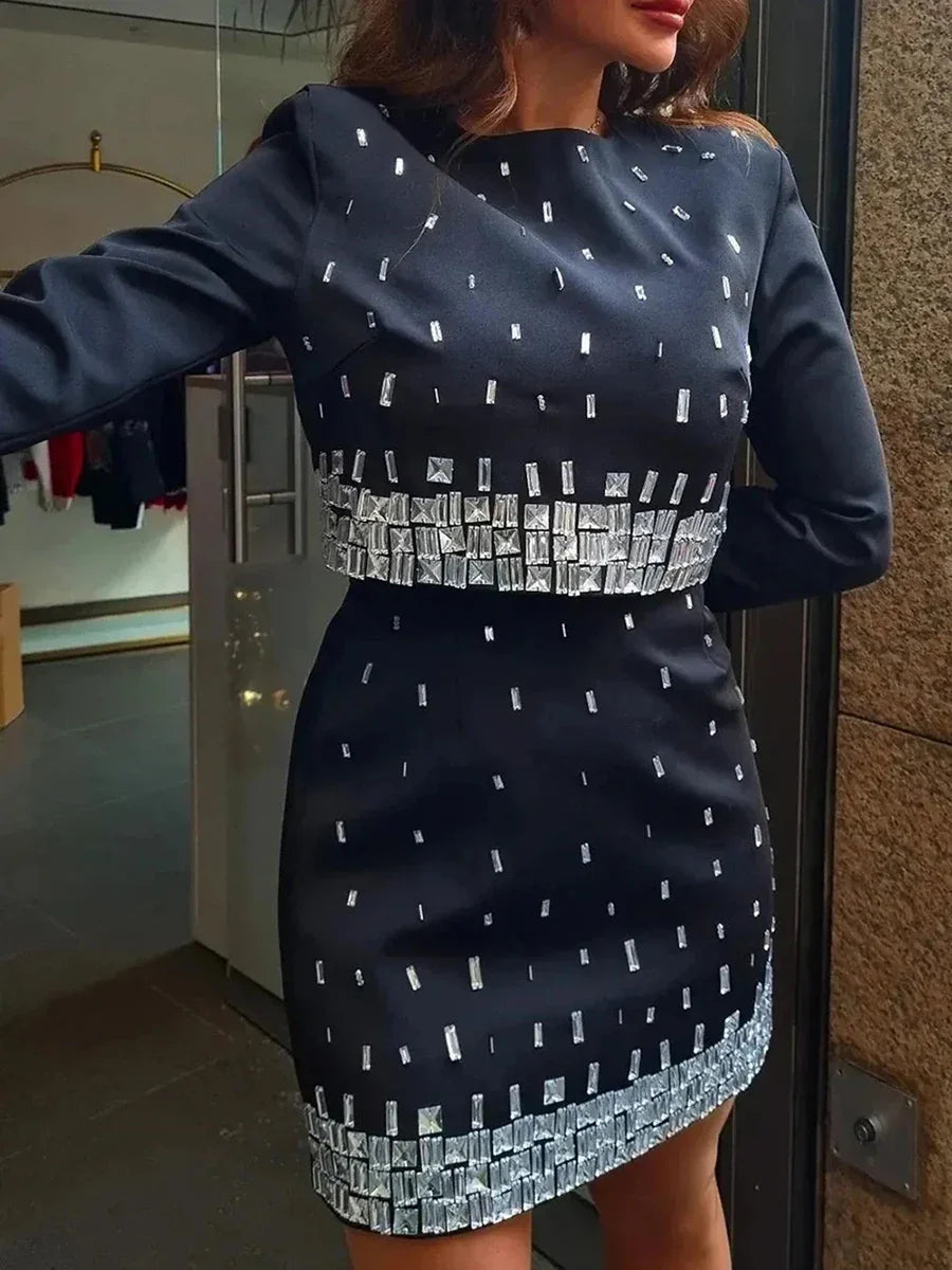 Solid Slimming Spliced Bead Two Piece Sets for Women Round Neck Long Sleeves Short Top High Wasit Skirt Set Female