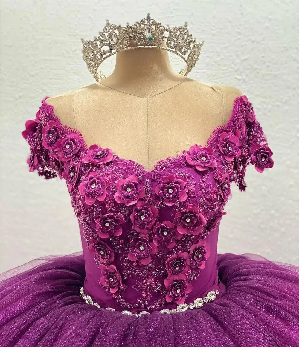 Quince Dress | Glittering Crystal Floral Quinceanera Dresses Vestidos De 15 Anos 3D Flowers Lace Applique Princess Birthday Gowns As Picture