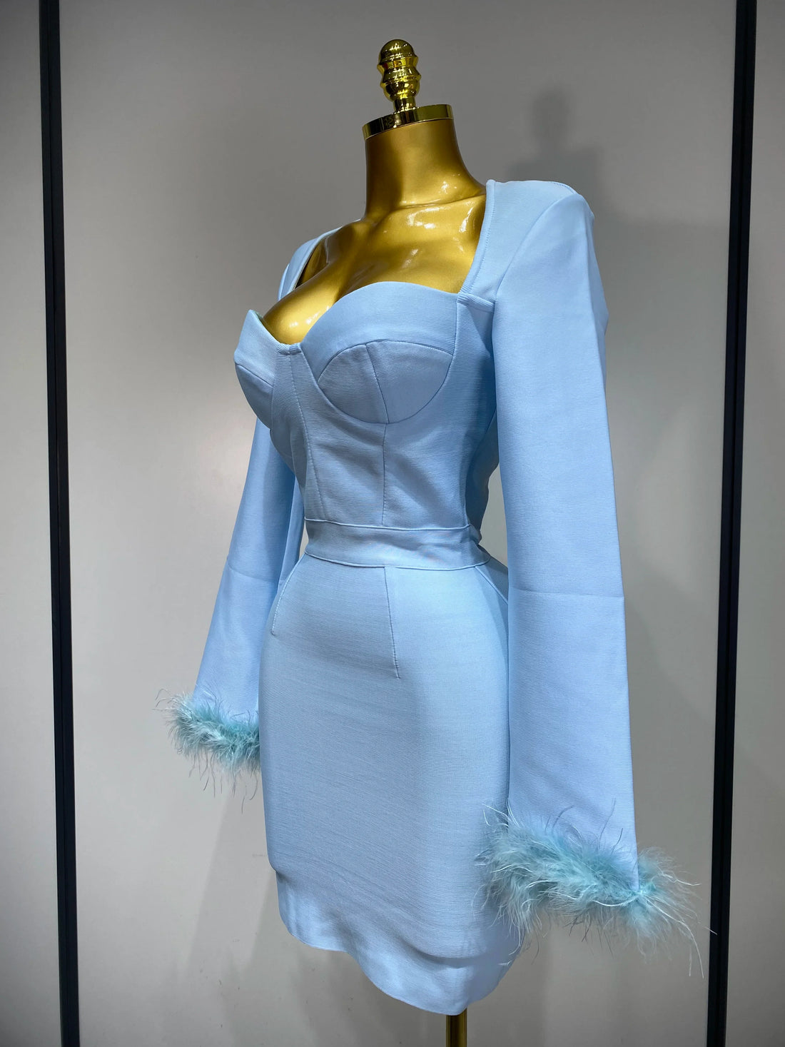 Women Fashion Sexy Long Sleeve Feathers Mini Bodycon Bandage Dress  Elegant Evening Party Club Luxury Birthday Dresses