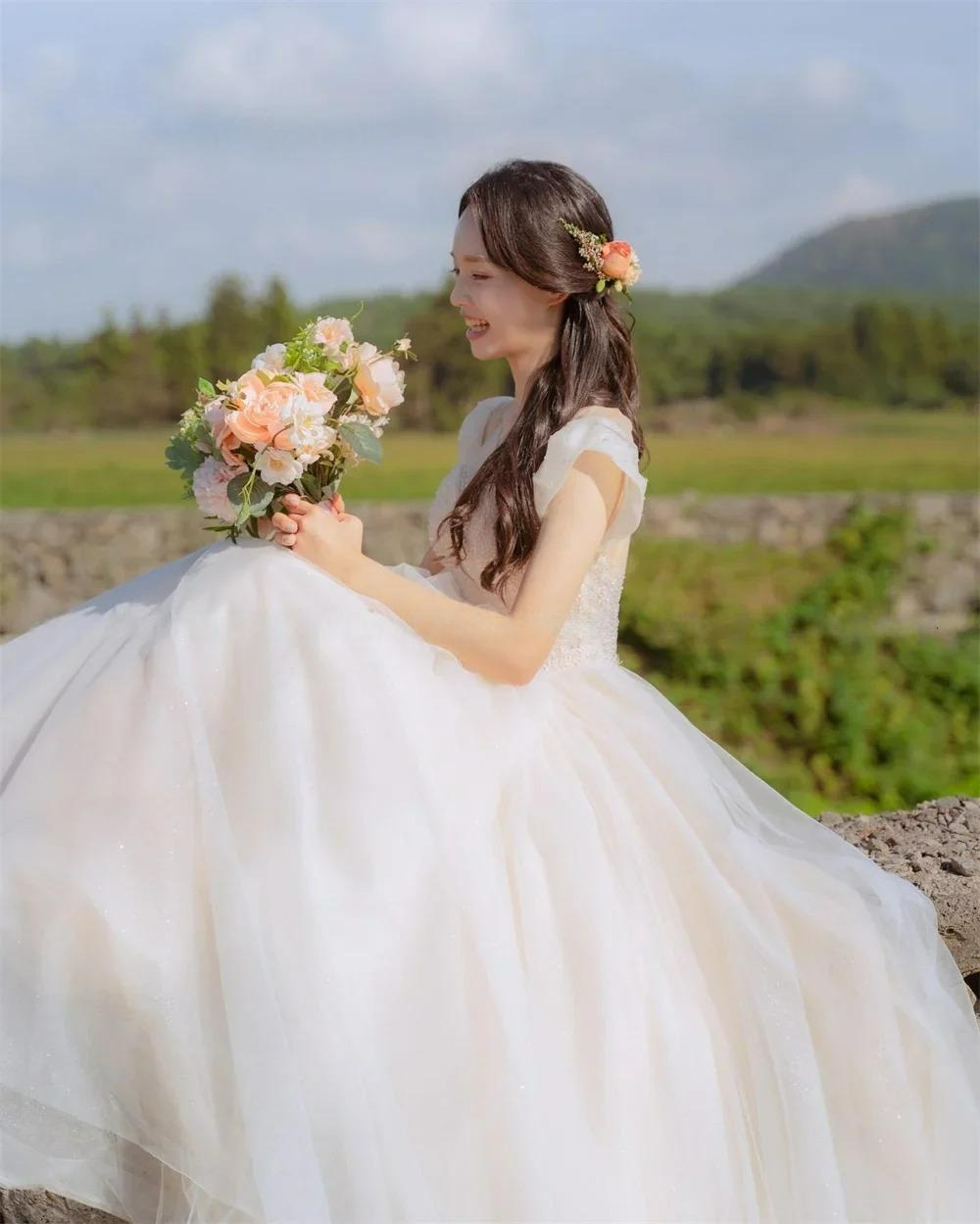 Sweetheart Custom Made Wedding Gown 웨딩드레스 Civil Tulle Short Sleeves A-Line Korea Ivory  Brides Gowns Women Bridal Dresses