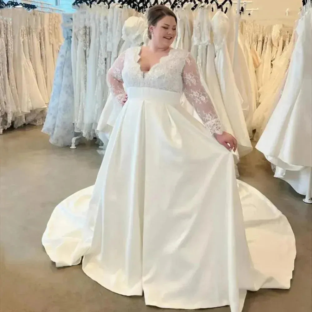 Plus Size Wedding Dresses with Long Sleeves Appliques Lace Sheer Back Satin A Line Garden Outdoor Beach Bridal Gowns As Picture Plus Size