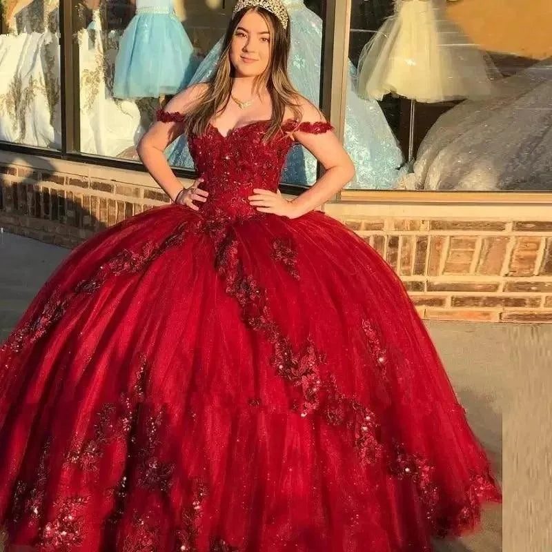 Quince Dress | Luxury Shiny Burgundy Quinceanera Dresses Vestidos De 15 Anos Off-Shoulder 3D Flower Applique Formal Princess Gown