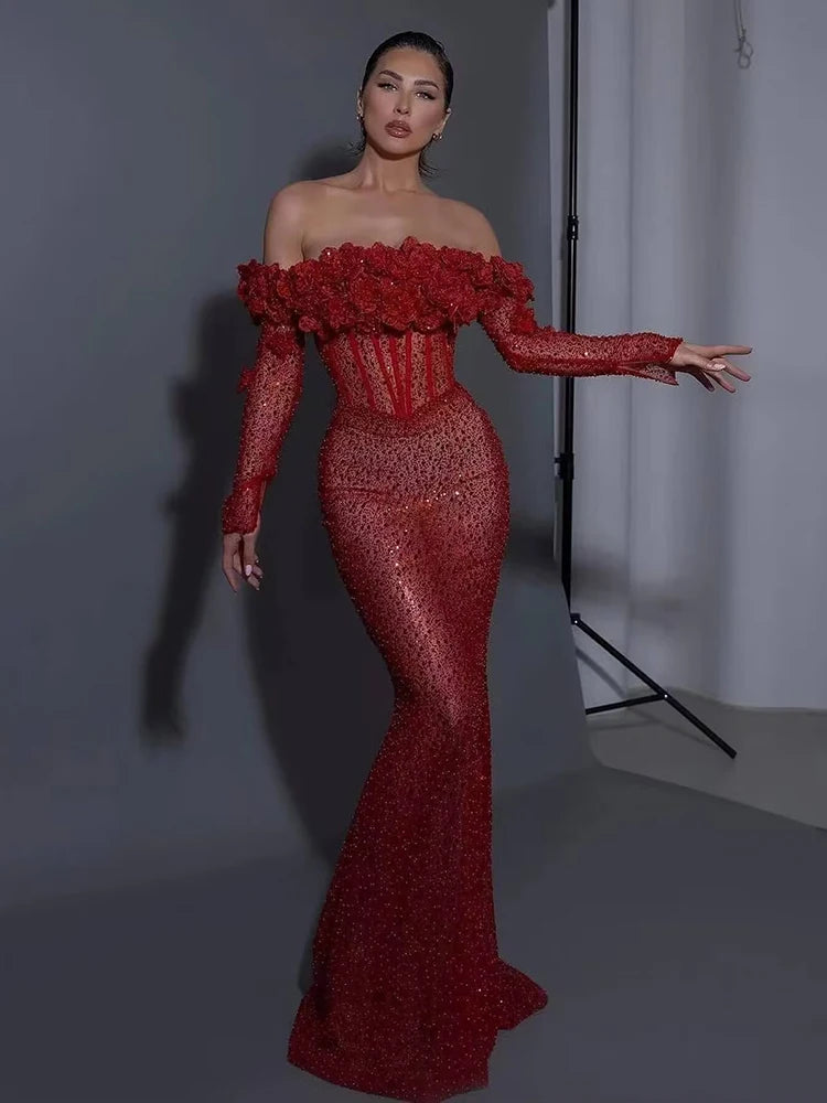 VC Red Structured Flower Boned Bodice Christmas Long Dress For Women Long Sleeves Sequins Mermaid Party Evening Gown