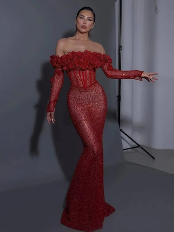 Robe Longue Rouge VC à Corsage Structuré avec Fleurs et Armatures, Manches Longues, Paillettes, Robe Sirène de Noël pour Femmes