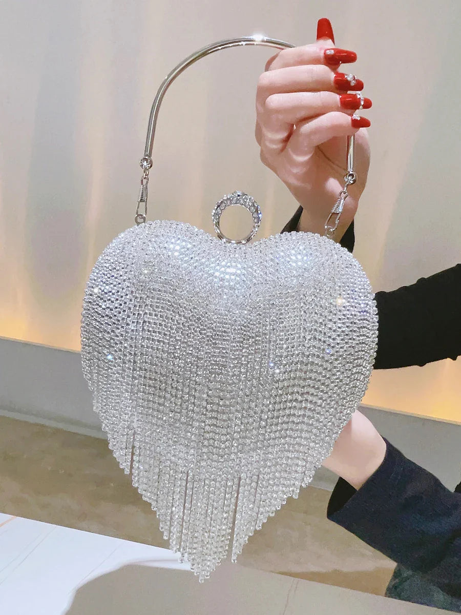 Rhinestone Clutch Heart Shape Luxury Tassel Evening Purse Bag Diamond Wedding Party Handbag Sliver Gold Handle Evening Bag